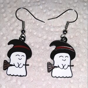 Ghost with Broom and Hat Fun Halloween Earrings NEW Handcrafted